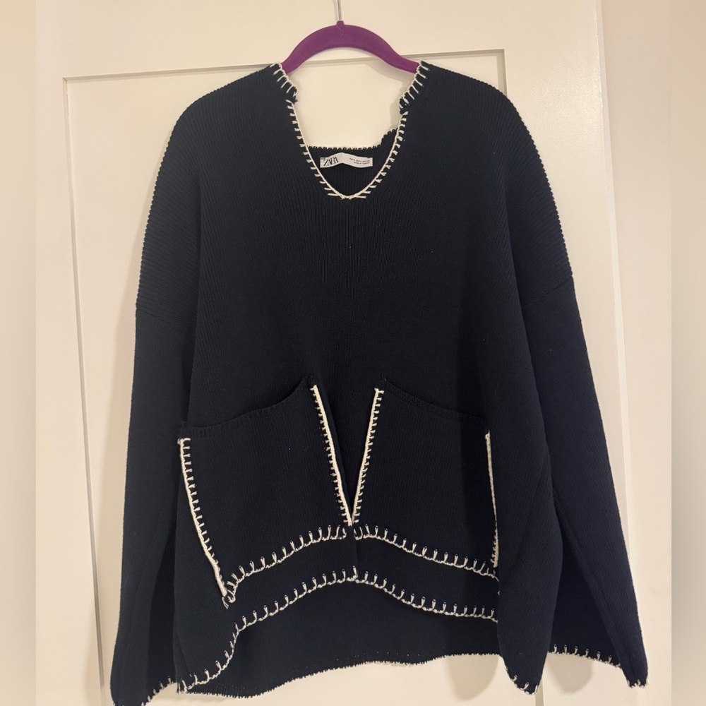 Zara dark navy V-Neck Sweater with White Trim